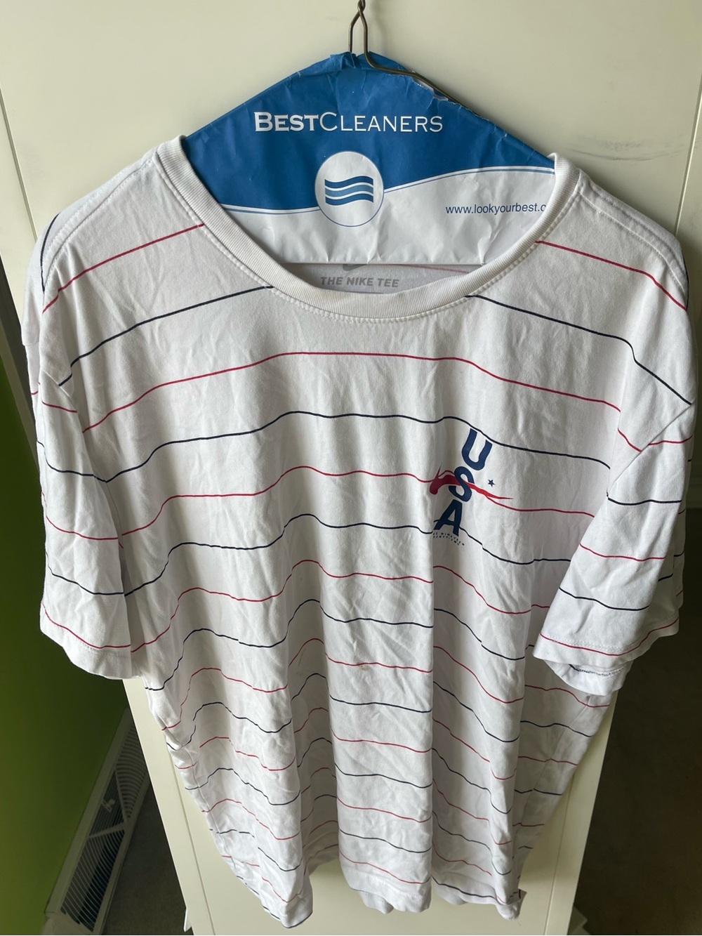 Nike White Short Sleeve Tee with Red & Navy Stripes and USA Logo